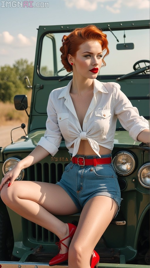 A redhead woman in a white tied shirt and denim shorts sits on the hood of a green military jeep, wearing red high heels and bold red lipstick.