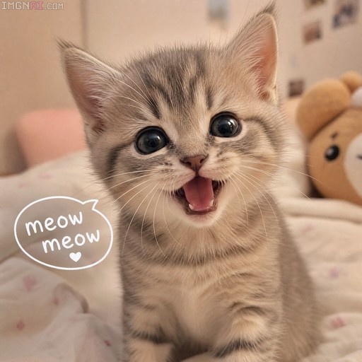 A close-up of a fluffy grey tabby kitten with its mouth open meowing, accompanied by a speech bubble that says 'meow meow' and a heart symbol.
