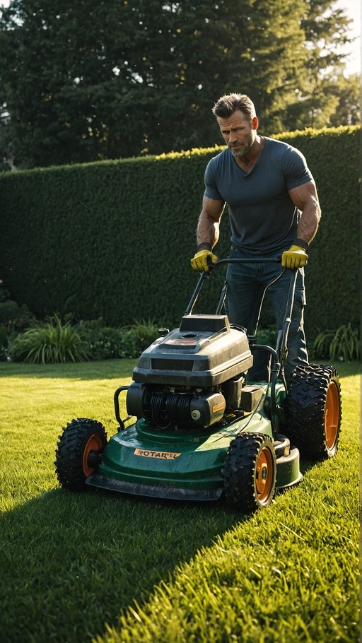 A muscular man in a grey shirt and yellow gloves pushes a green lawnmower across a grassy lawn.