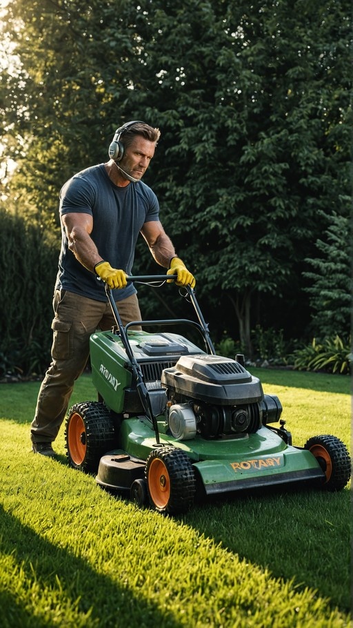 A muscular man wearing a blue shirt and yellow gloves pushes a green rotary lawnmower across a grassy lawn.