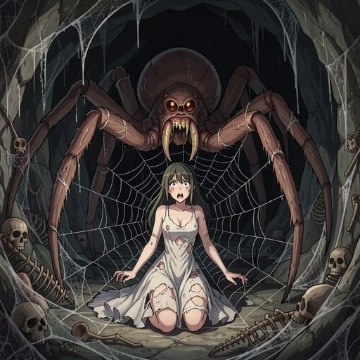An anime-style girl with long hair and a torn white dress kneels in fear inside a dark cave filled with spider webs and skeletons while a giant spider with glowing eyes looms over her.