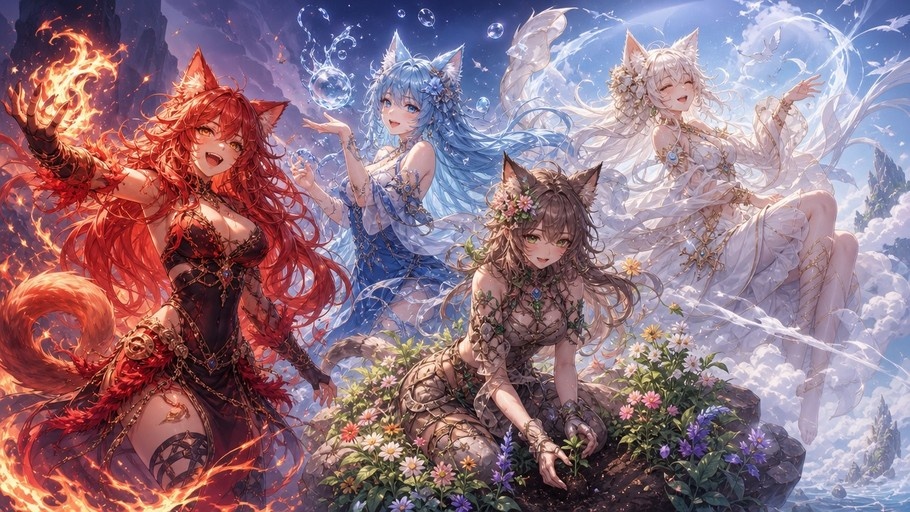 Four anime-style cat girls with red, blue, brown, and white hair representing the elements of fire, water, earth, and air in a fantasy setting.