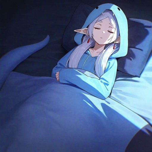 Frieren from Sousou no Frieren sleeping in bed wearing a blue animal hoodie.