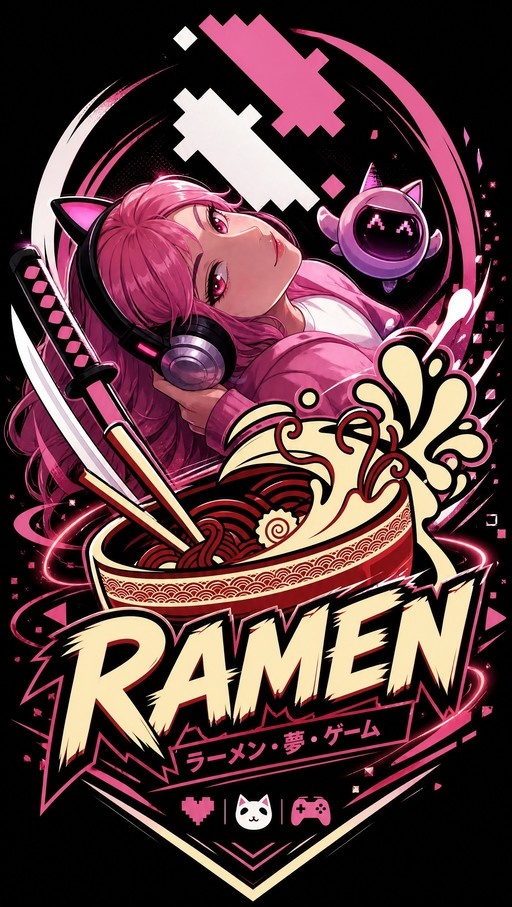 Anime girl with pink hair and cat-ear headphones holding a katana and chopsticks over a bowl of ramen.