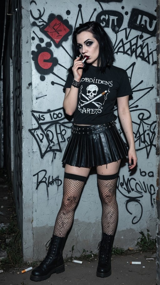 A woman with dark hair and heavy eye makeup stands against a graffiti wall wearing a skull t-shirt, pleated leather skirt, fishnets, and combat boots while smoking a cigarette.