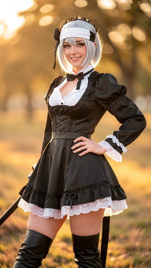 A smiling cosplayer dressed as 2B from Nier: Automata in a black maid outfit with a blindfold and sword, standing outdoors in golden light.