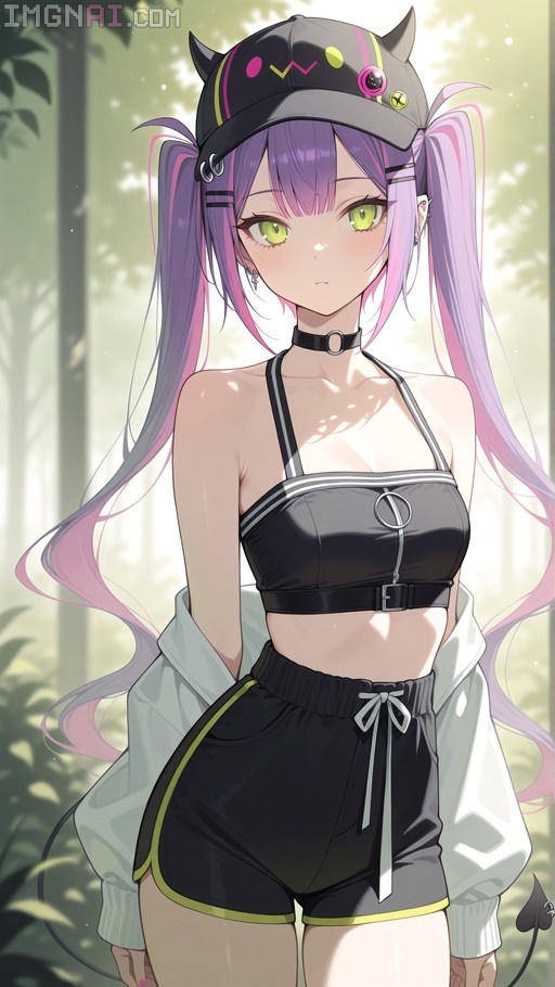 Anime-style Tokoyami Towa with purple and pink twintails wearing a black cap, choker, black crop top, and shorts in an outdoor setting.