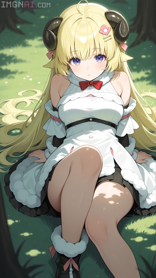 Tsunomaki Watame with long blonde hair and black sheep horns sits on the grass wearing a white dress with fur trim.