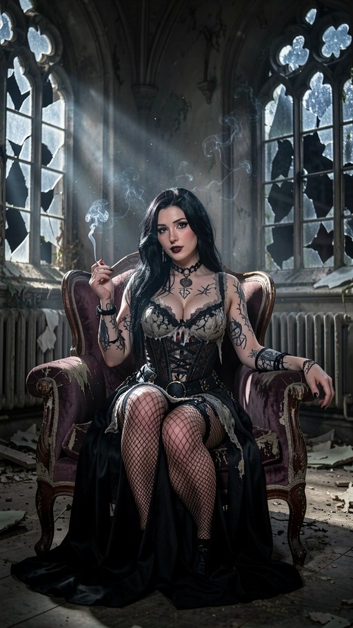 A tattooed woman with long black hair sits in a tattered purple armchair in a ruined room with broken windows, holding a smoking cigarette.