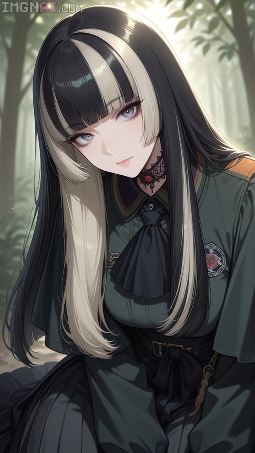Digital illustration of Juufuutei Raden with black and white hair in a dark uniform standing in a sunlit forest.