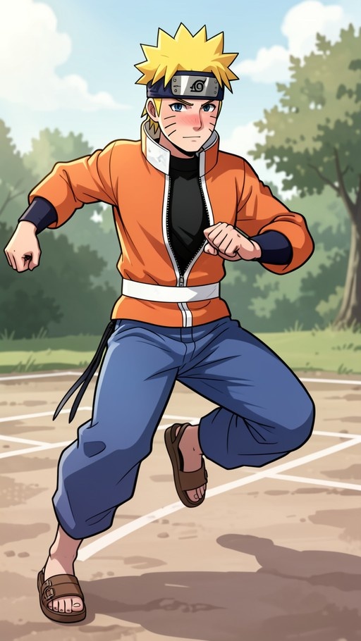 Naruto Uzumaki running outdoors wearing an orange jacket and blue pants.