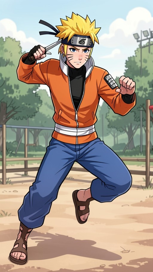 Naruto Uzumaki leaping forward outdoors, holding a raised kunai knife and wearing his signature orange jacket and Konoha headband.