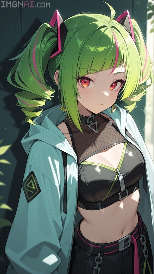 An anime girl with green twin drills and pink streaks wearing a teal jacket over a black crop top and fishnets, featuring triangle accessories.