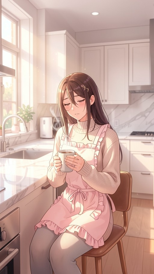 An anime-style illustration of a young woman with long brown hair wearing a pink frilled apron and beige sweater, sitting in a sunlit kitchen while holding a steaming mug.
