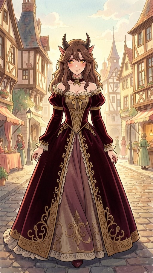 A full-body illustration of a smiling young woman with brown hair and curved horns, wearing an elaborate maroon and gold velvet gown, standing on a sunny cobblestone street in a medieval town.