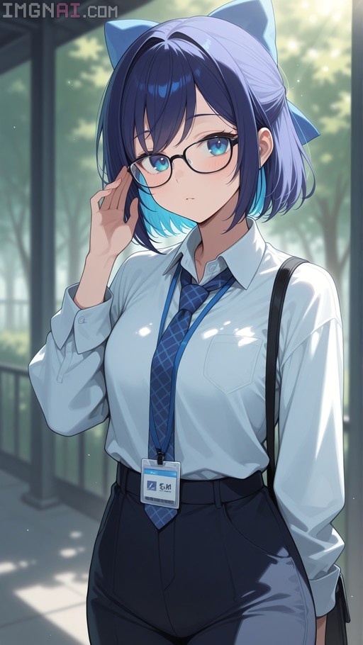 A-chan from Hololive with short blue hair and cat ears adjusts her glasses while wearing a white shirt and tie outdoors.