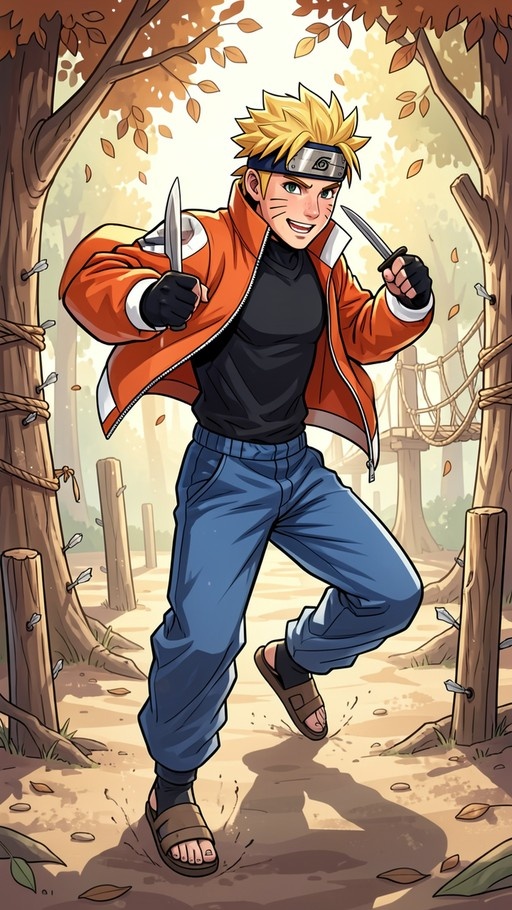 A full-body illustration of Naruto Uzumaki holding two kunai knives in a fighting stance within an autumn forest setting.