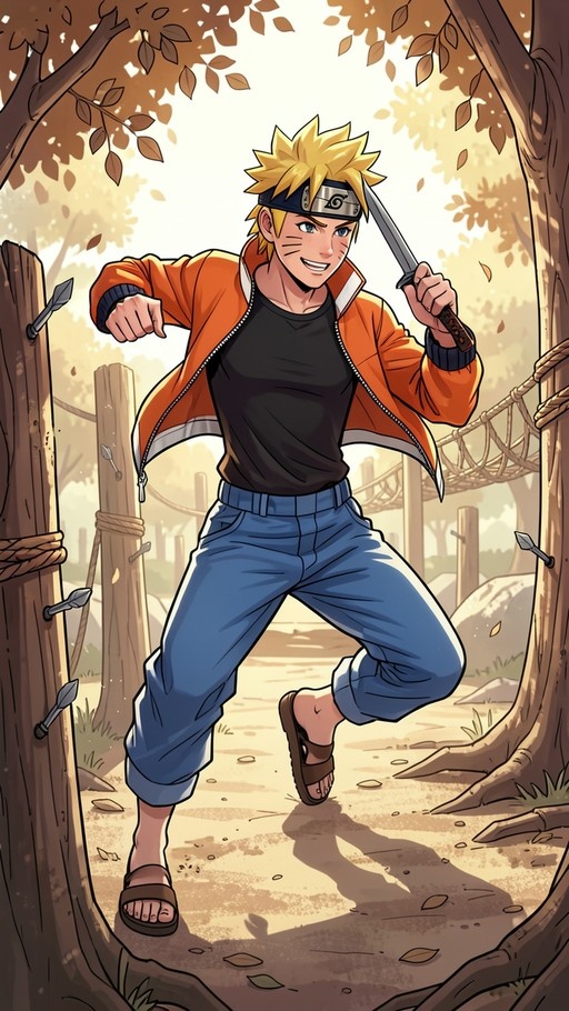 Naruto Uzumaki in an orange jacket holding a kunai knife at an outdoor training ground with wooden posts.