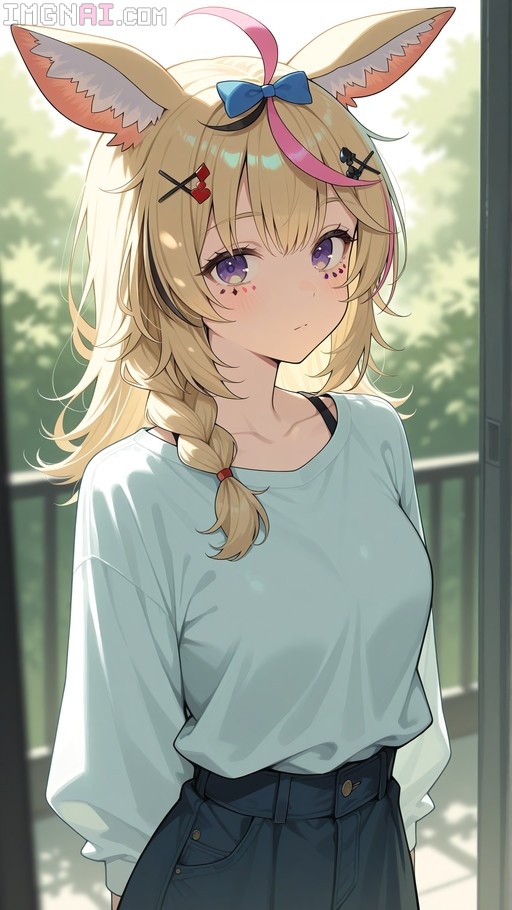 Omaru Polka, a fox-eared virtual YouTuber with blonde hair and purple eyes, wearing a light blue shirt and dark denim bottoms.