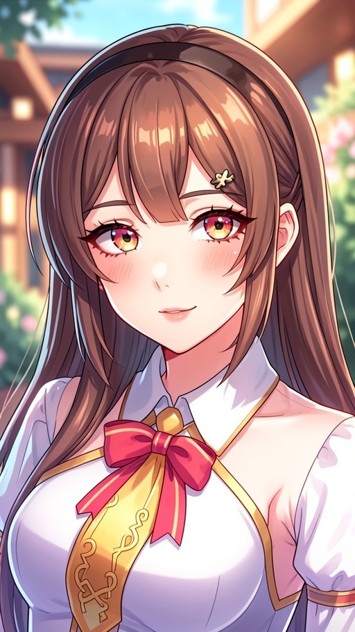 Close-up of a smiling anime girl with long brown hair and gradient orange-purple eyes wearing a white uniform with a large red bow and gold trim.