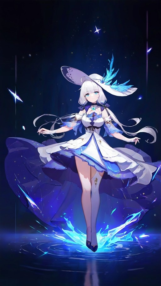 Illustrious from Azur Lane stands on glowing blue water in a white dress and large feathered hat against a starry background.