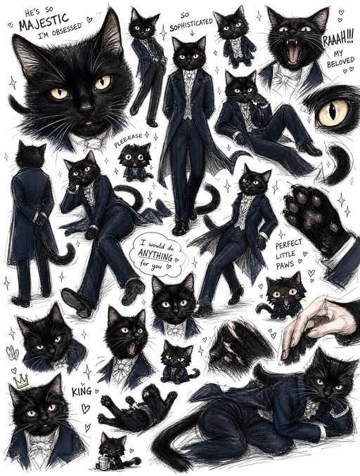 A chaotic sketchbook page featuring an anthropomorphic black cat in a tuxedo with various poses and text bubbles like "He's so MAJESTIC".