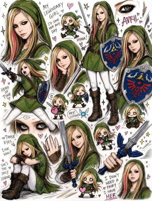 A chaotic sketchbook page featuring multiple poses of Avril Lavigne cosplaying as Link from The Legend of Zelda, including full-body shots with the Master Sword and Hylian Shield alongside cute chibi doodles and handwritten text.