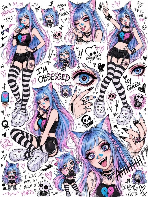 A chaotic digital illustration of a cat girl with long blue and pink hair, featuring multiple poses including full-body shots, chibi versions, and close-ups of her eyes and hands, surrounded by doodles like skulls and hearts on a white background.