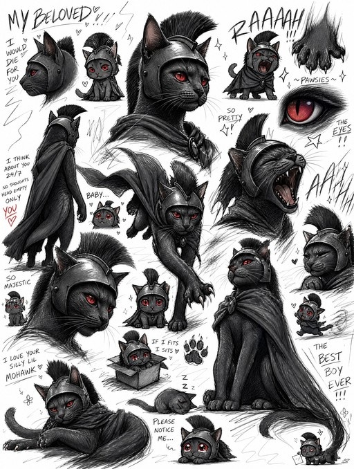A sketchbook page filled with various drawings of a black cat wearing a helmet and cape, featuring red eyes, chibi versions, and handwritten notes of adoration.