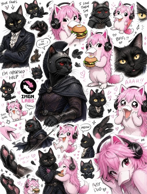 A chaotic sketchbook page featuring a black cat in a suit and armor alongside a pink duck wearing headphones and eating a burger, with text bubbles like "BFFs" and the IMGN Labs logo.