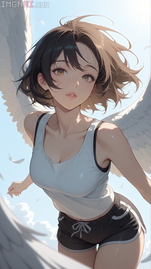 Anime style girl with short dark and blonde hair, large white angel wings, wearing a white tank top and black shorts against a blue sky.