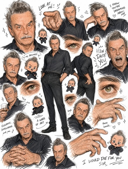 A chaotic sketchbook page featuring multiple drawings of actor Tim Curry in a black shirt, including full-body poses, close-ups of his eyes and hands, small chibi figures, and handwritten text expressing admiration.
