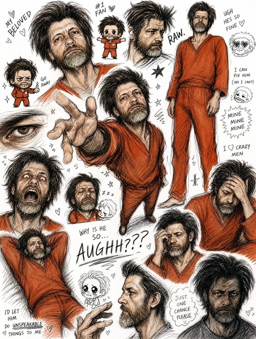 A chaotic sketchbook page filled with multiple poses of a bearded man in an orange jumpsuit, including chibi doodles and expressive close-ups surrounded by handwritten fan notes.