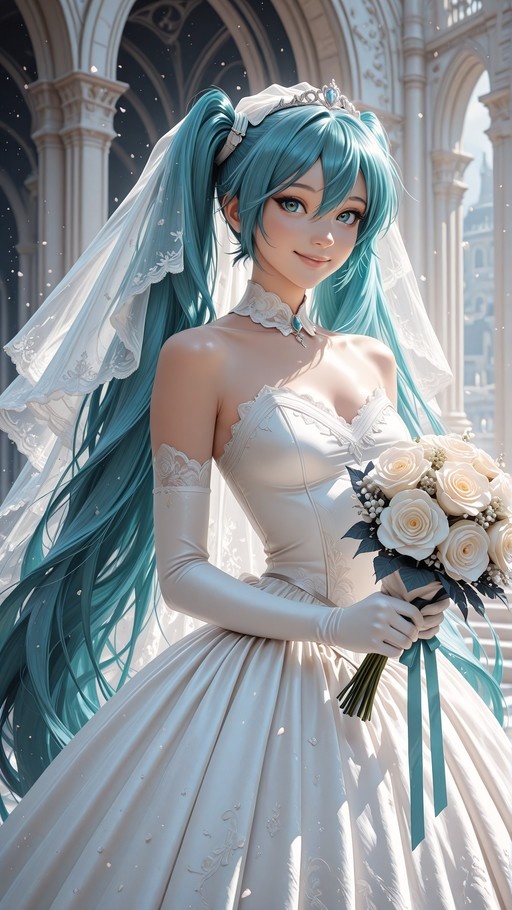 A digital illustration of Hatsune Miku in a white wedding gown and veil holding a bouquet of white roses inside a cathedral.