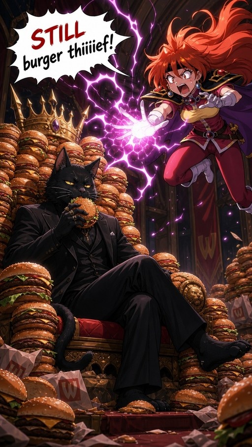 An anime-style illustration of a red-haired girl casting purple lightning at a large black cat in a black suit who is sitting on a throne made of hamburgers and eating one.