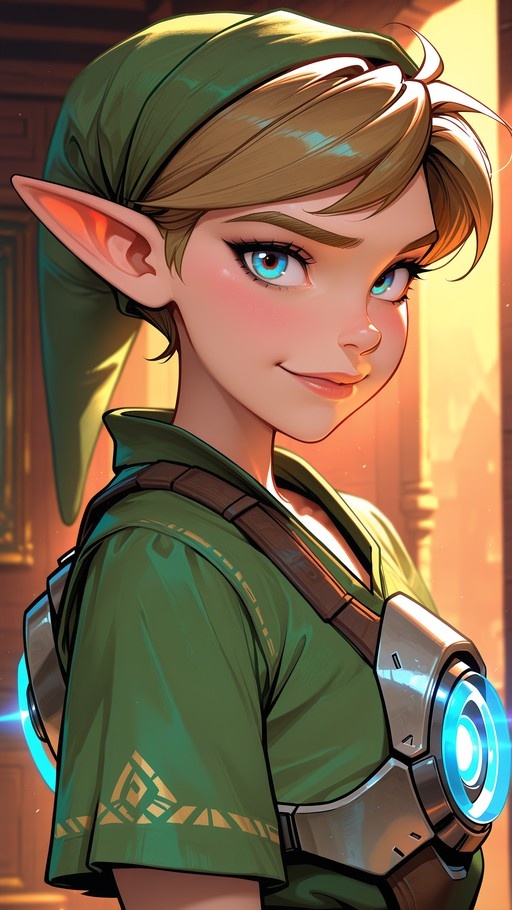 A stylized digital portrait of Link from The Legend of Zelda wearing a green tunic and futuristic gauntlets, with pointed ears and blonde hair.