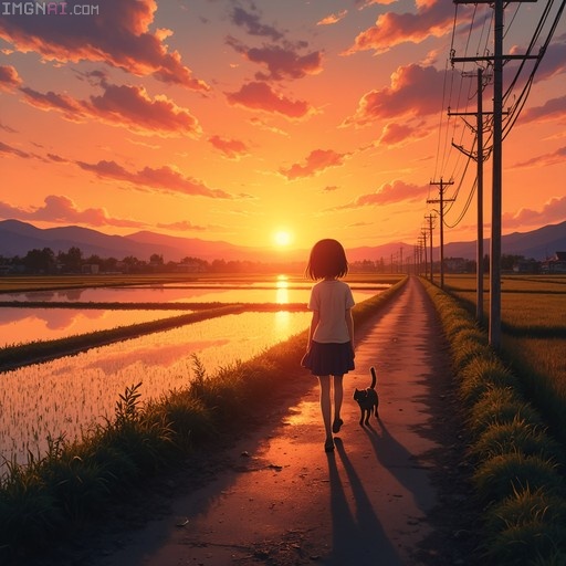 A young anime girl in a school uniform walks away from the viewer down a dirt road alongside a black cat, with flooded rice paddies and a vibrant orange sunset sky in the background.