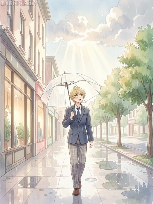 A blond-haired anime boy in a navy blazer and plaid pants walks down a wet sidewalk holding a clear umbrella while looking up at the sun breaking through clouds.