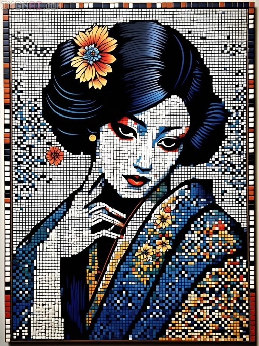 A mosaic tile portrait of a woman with dark hair and a yellow flower wearing a blue patterned kimono.