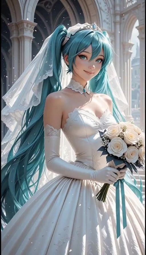 Hatsune Miku wearing a white wedding dress and holding a bouquet of white roses