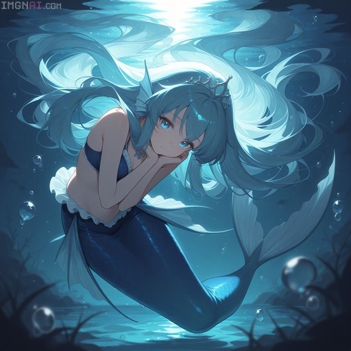 A blue-haired mermaid princess with a tiara and fins floats gracefully in dark blue water, surrounded by air bubbles as moonlight filters from above.