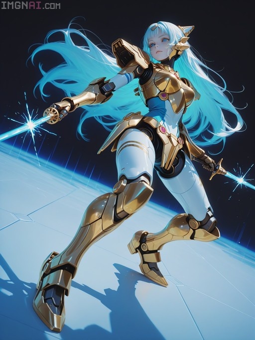 A female android with long blue hair and gold armor wields two glowing blue rapiers in a dynamic combat stance.
