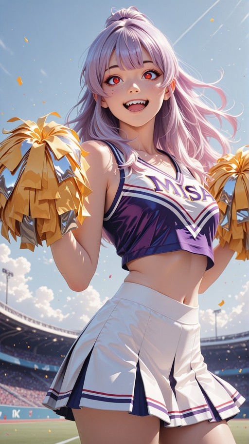 An anime-style girl with pink hair and red eyes wearing a purple and white cheerleading uniform labeled "MISA" while holding gold pom-poms in a stadium.