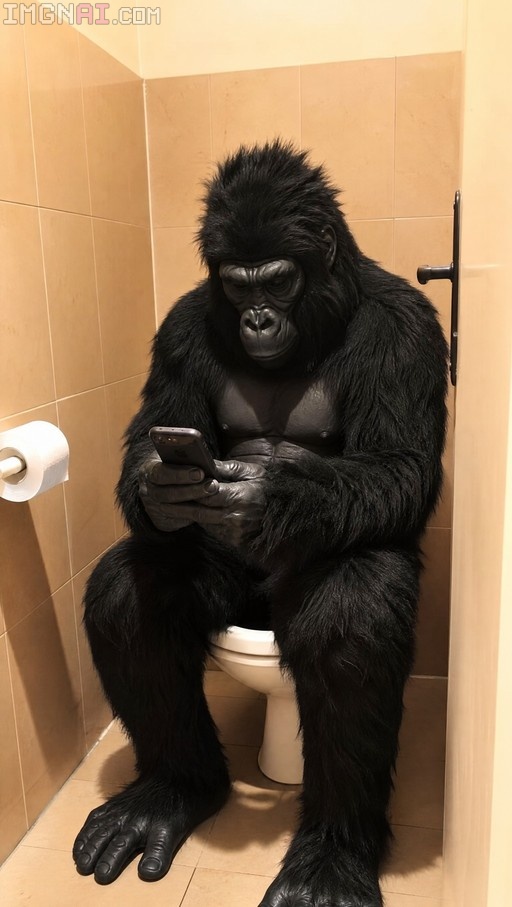 A person wearing a full-body black gorilla costume sits on a white toilet in a beige tiled bathroom stall while looking at a smartphone held in their large hands.