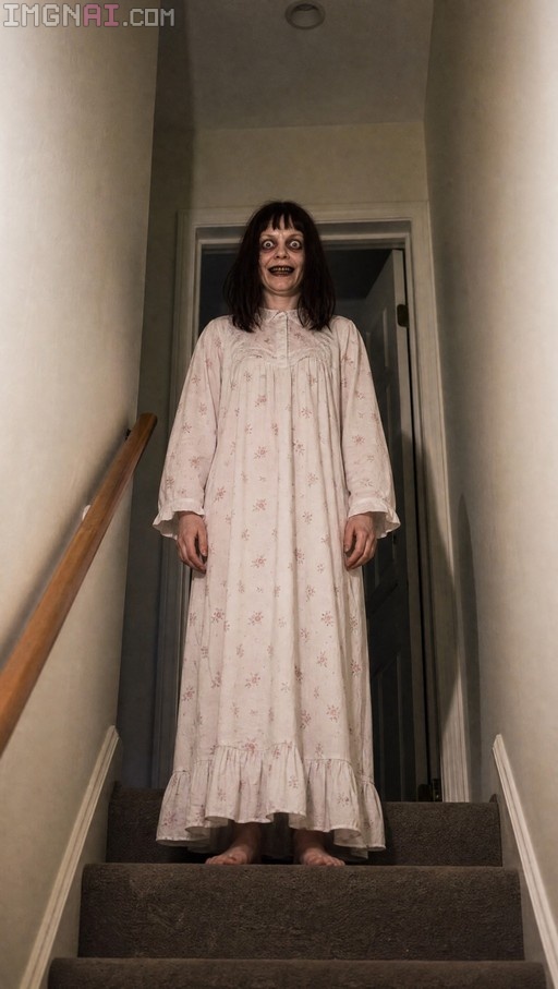 A full-body shot of a creepy woman with long black hair standing barefoot at the top of a carpeted staircase, wearing a long white floral nightgown and looking down with wide eyes.