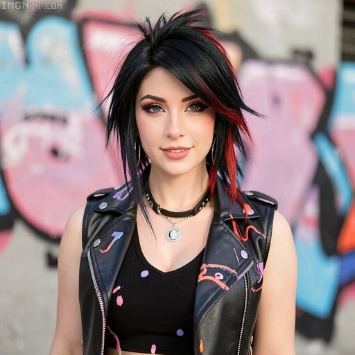 A realistic portrait of a punk girl with black and red hair wearing a leather vest and jewelry in front of colorful graffiti.