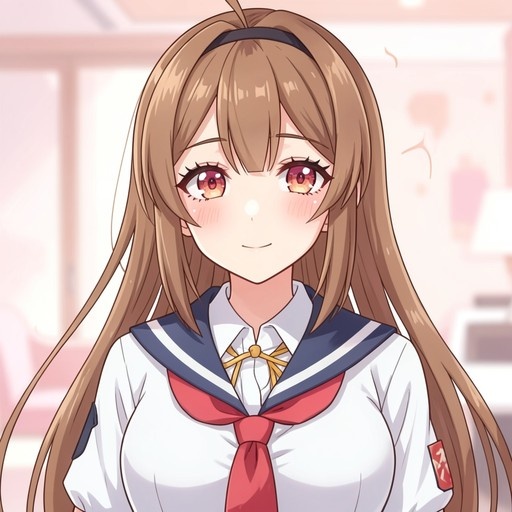 Smiling anime girl with long brown hair wearing a sailor school uniform and black headband