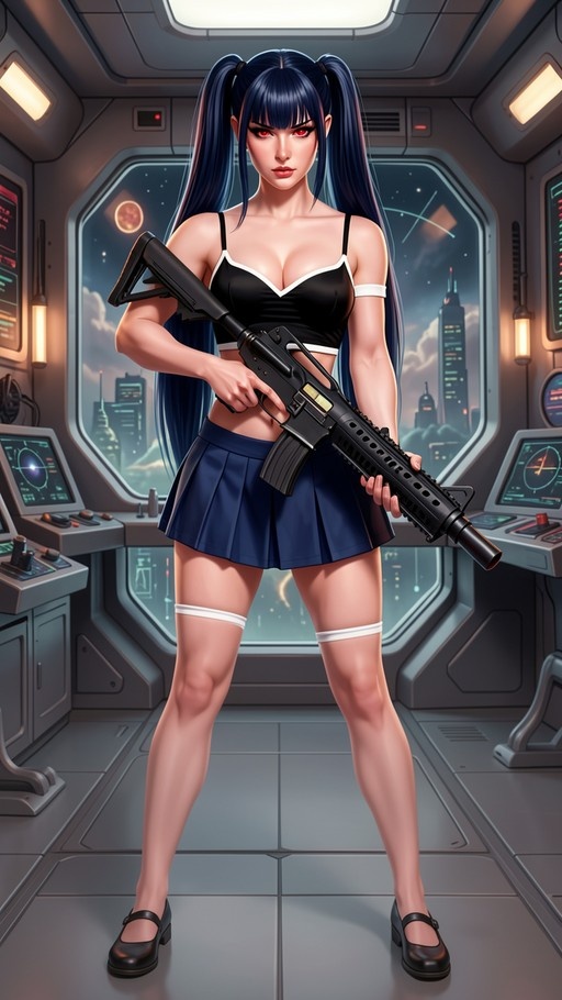 Anime-style woman with blue twin-tails and red eyes holding a rifle in a spaceship cockpit