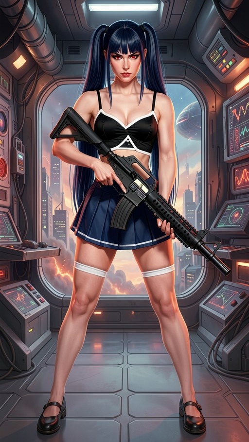 An anime woman with long blue twin-tails and red eyes holds an assault rifle inside a spaceship cockpit, wearing a black bra top and blue pleated skirt with a city view outside.