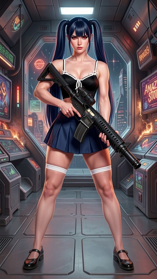 A full-body digital illustration of a blue-haired anime-style woman with red eyes holding an assault rifle inside a futuristic spaceship cockpit.